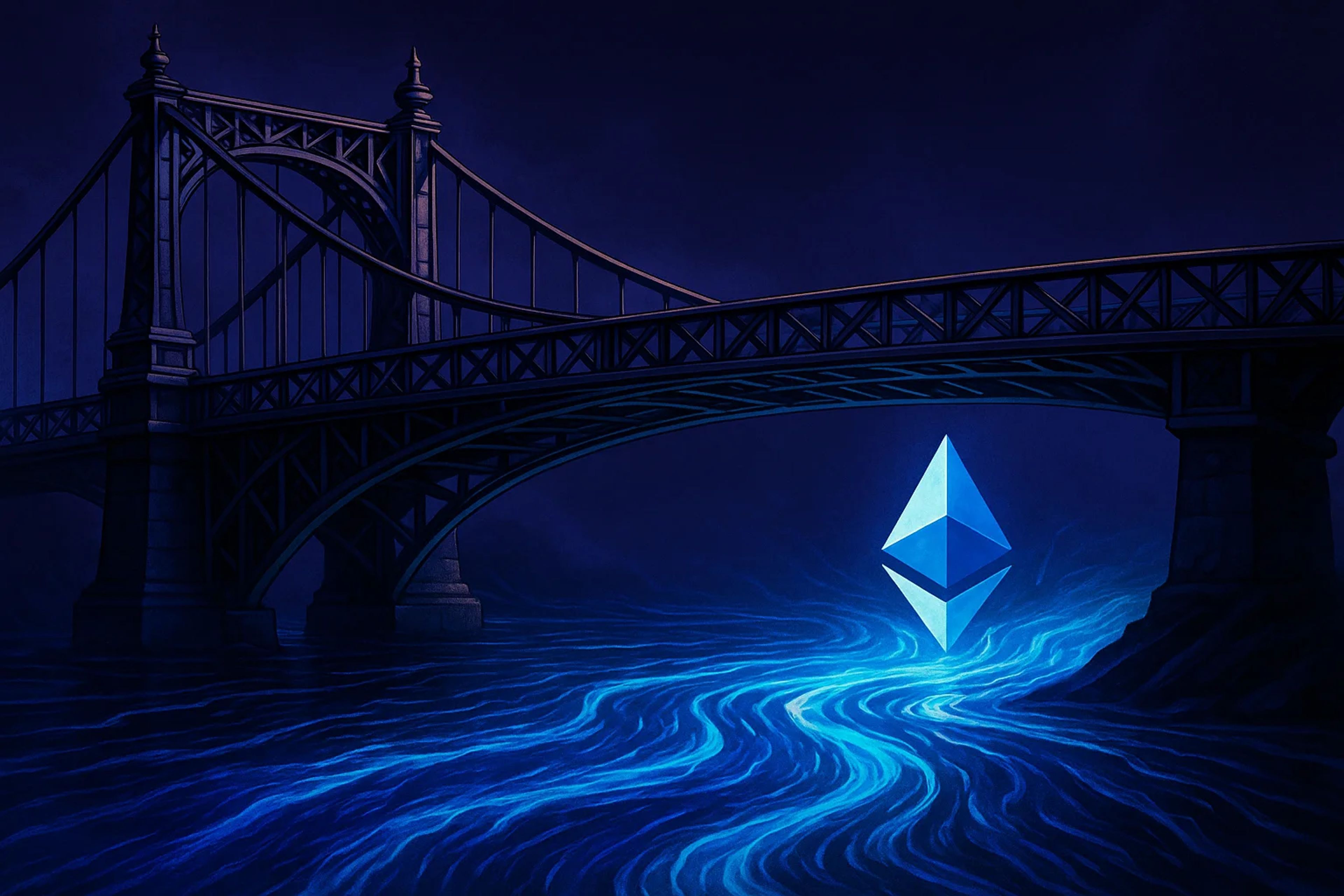 A glowing blue Ethereum symbol beneath a dark