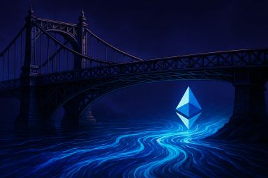 A glowing blue Ethereum symbol beneath a dark