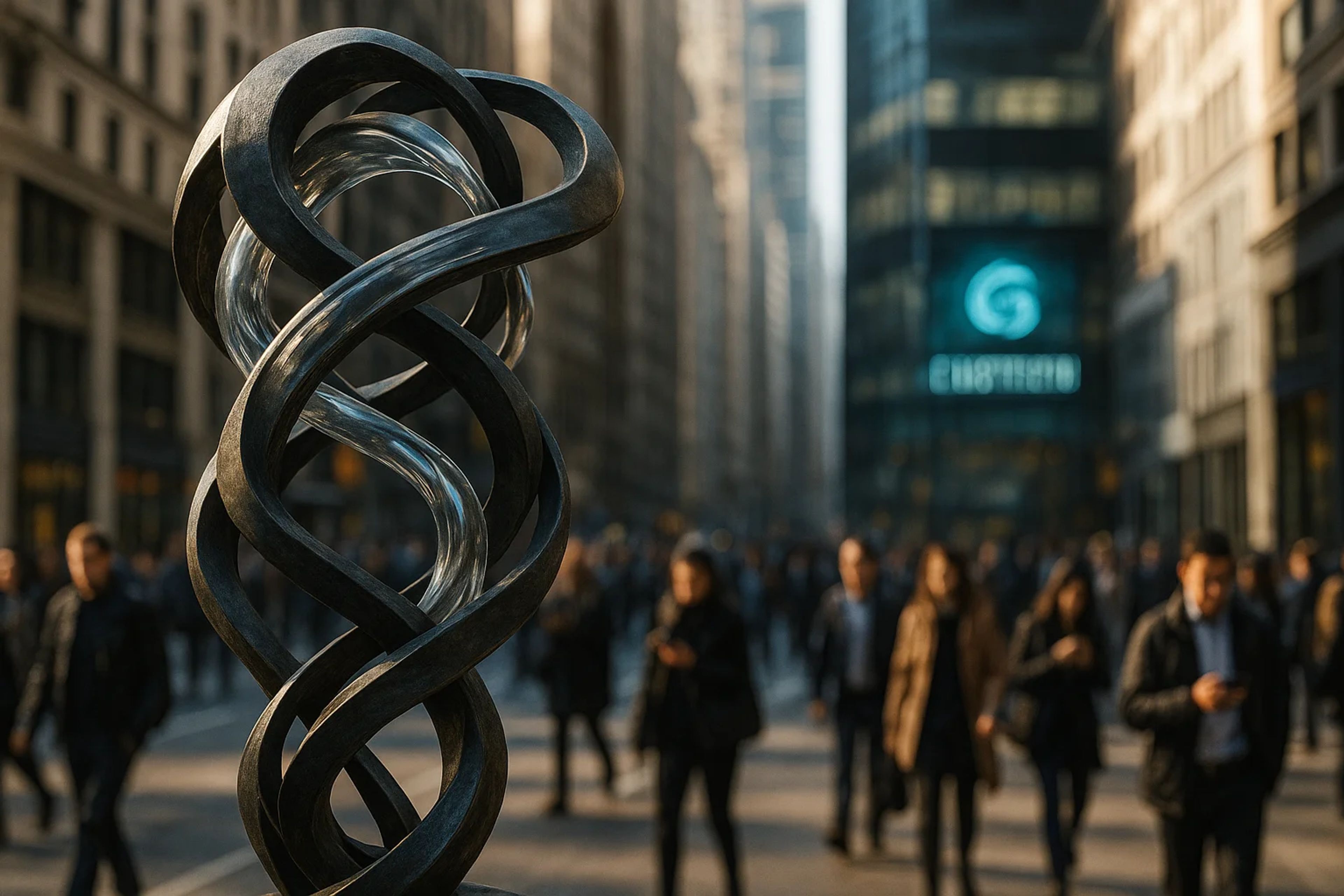 A twisted metal sculpture in a busy city street