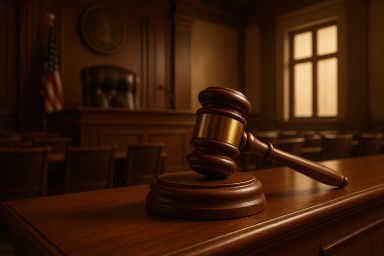 Wooden gavel on a judge's bench in a courtroom