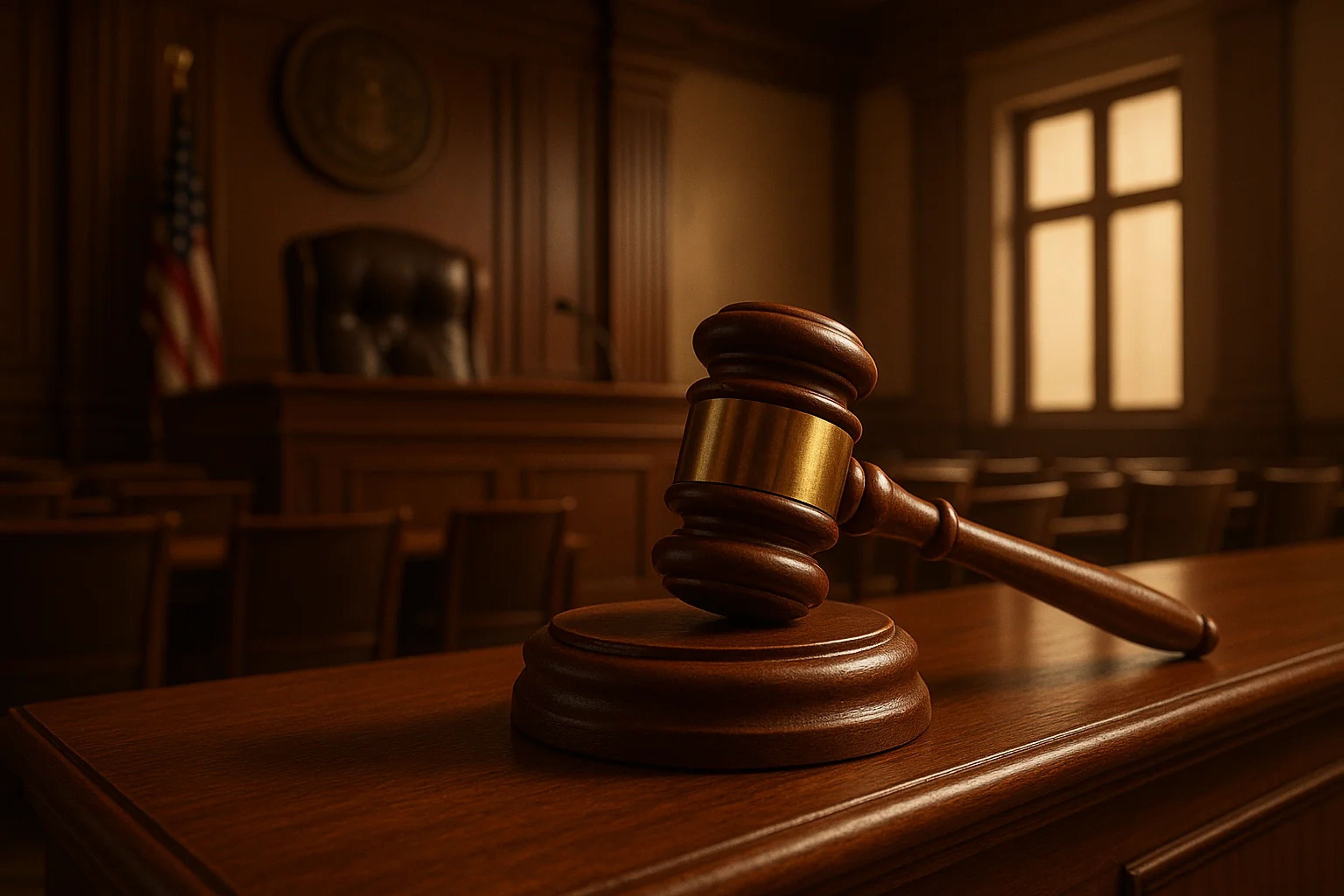 Wooden gavel on a judge's bench in a courtroom