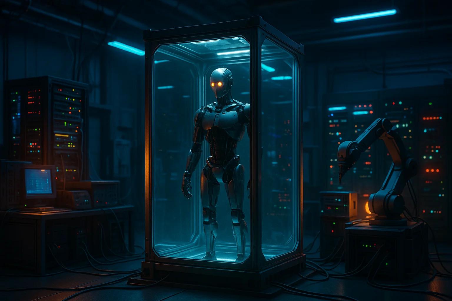 A humanoid robot encased in glass, illuminated by