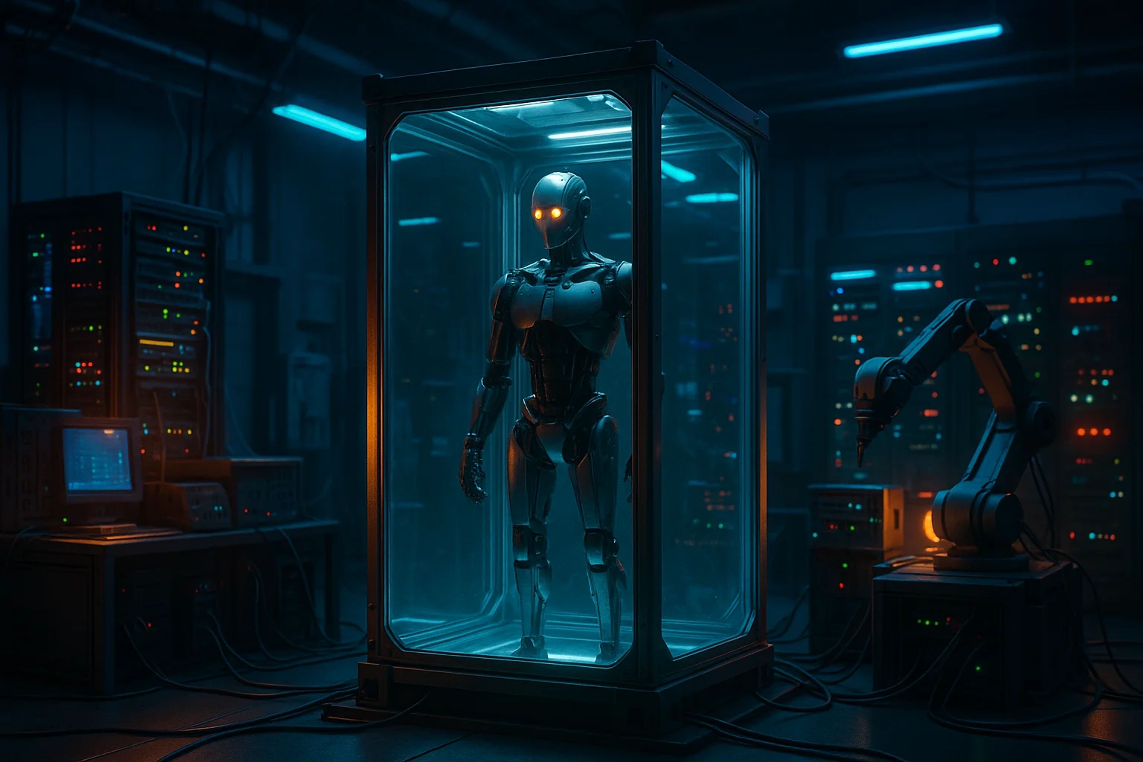 A humanoid robot encased in glass, illuminated by