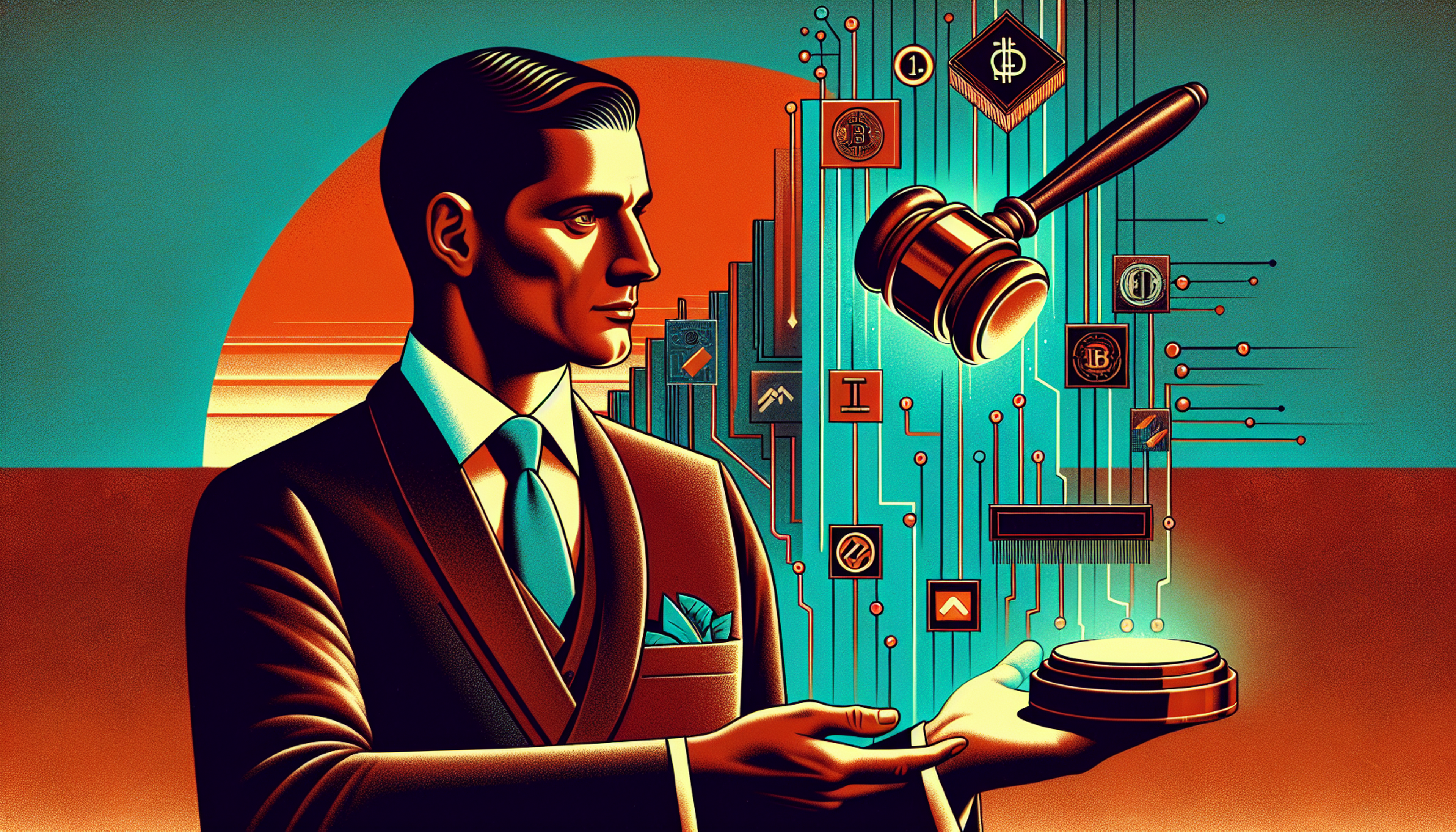 A man in a suit holds a gavel and a digital