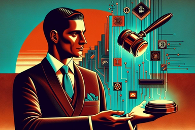 A man in a suit holds a gavel and a digital