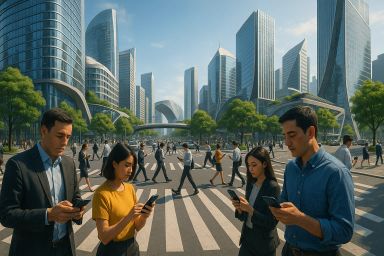 People crossing a busy urban street, using