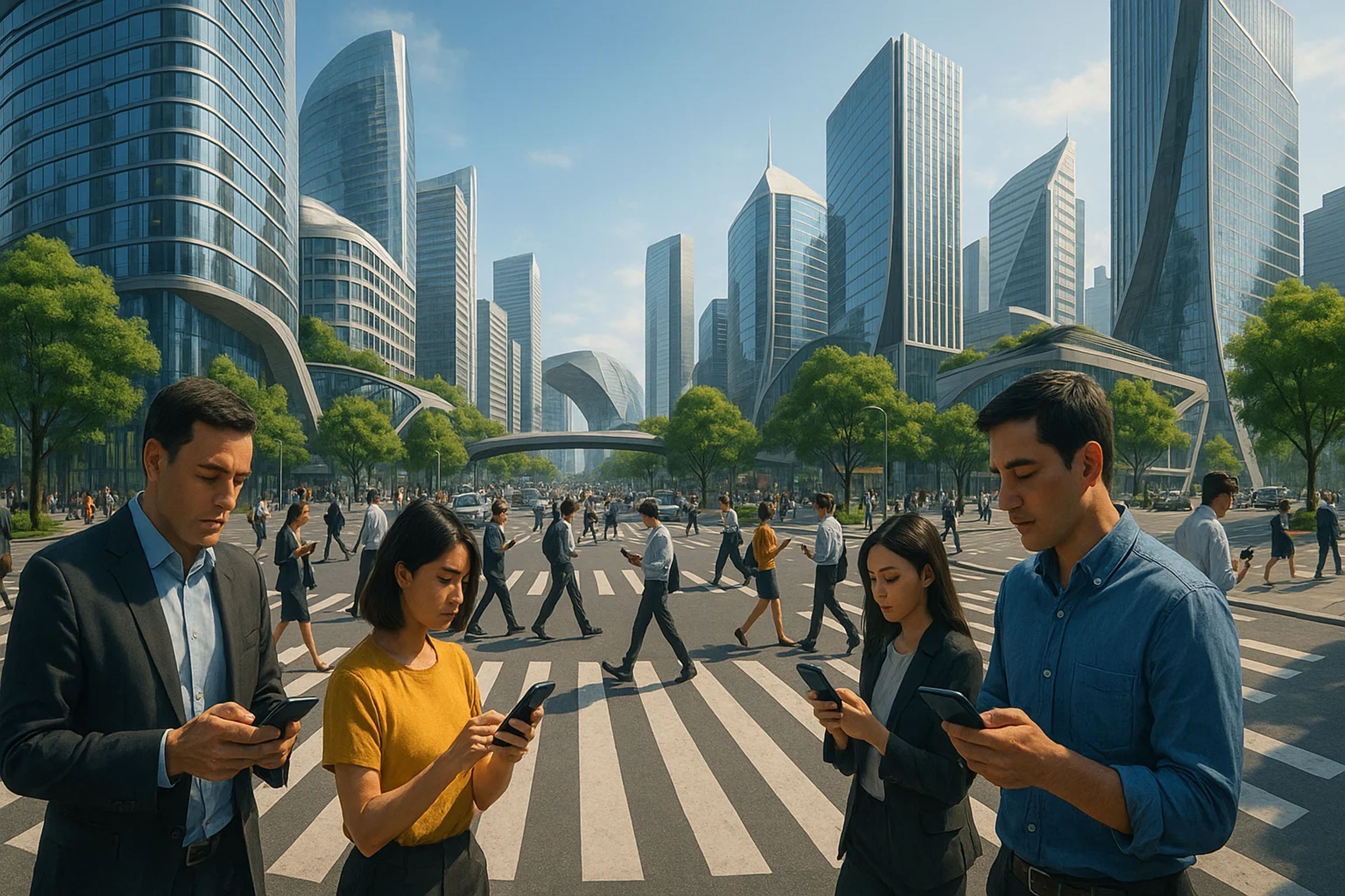 People crossing a busy urban street, using