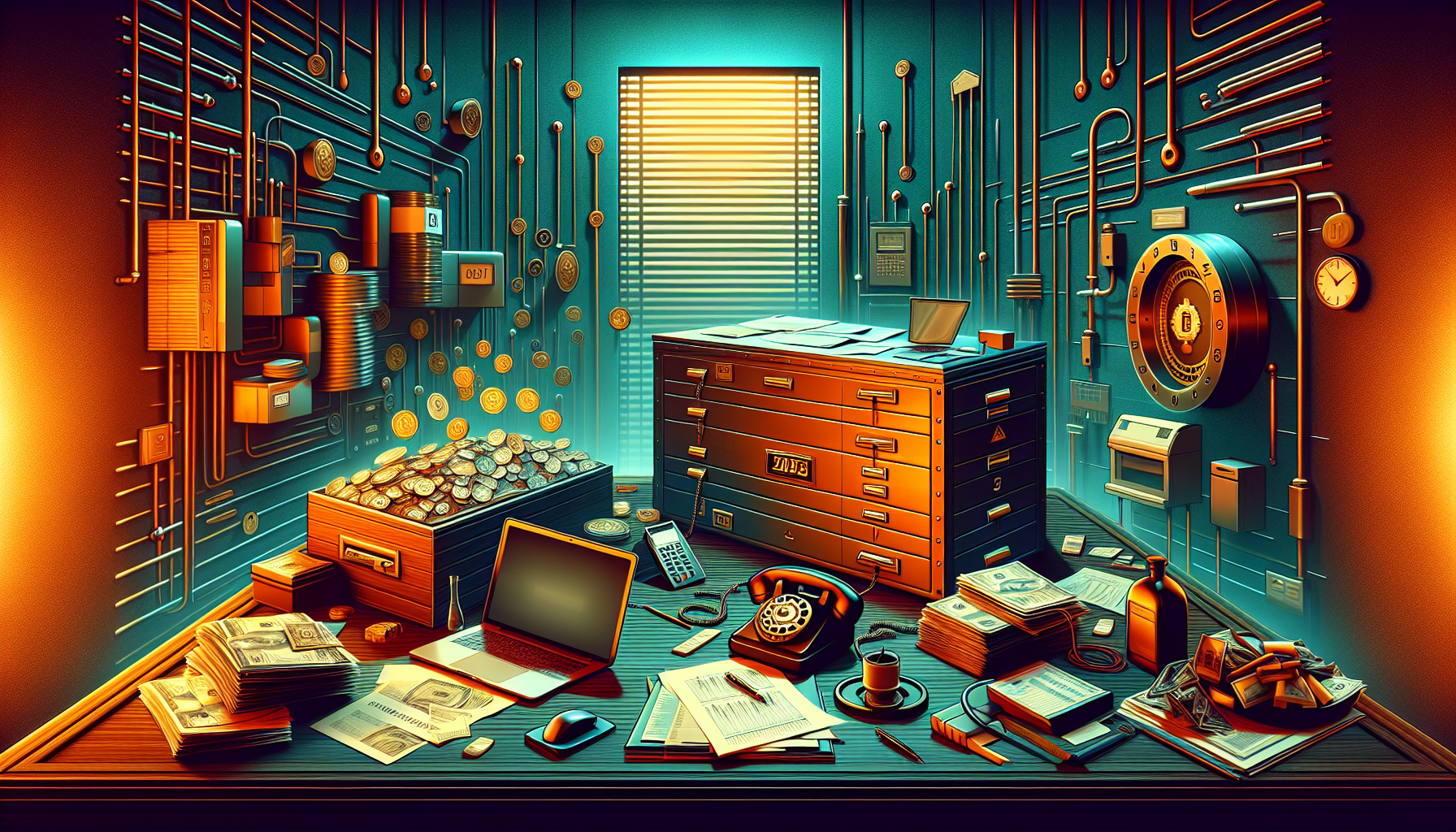 A cluttered office with stacks of money, coins