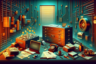 A cluttered office with stacks of money, coins