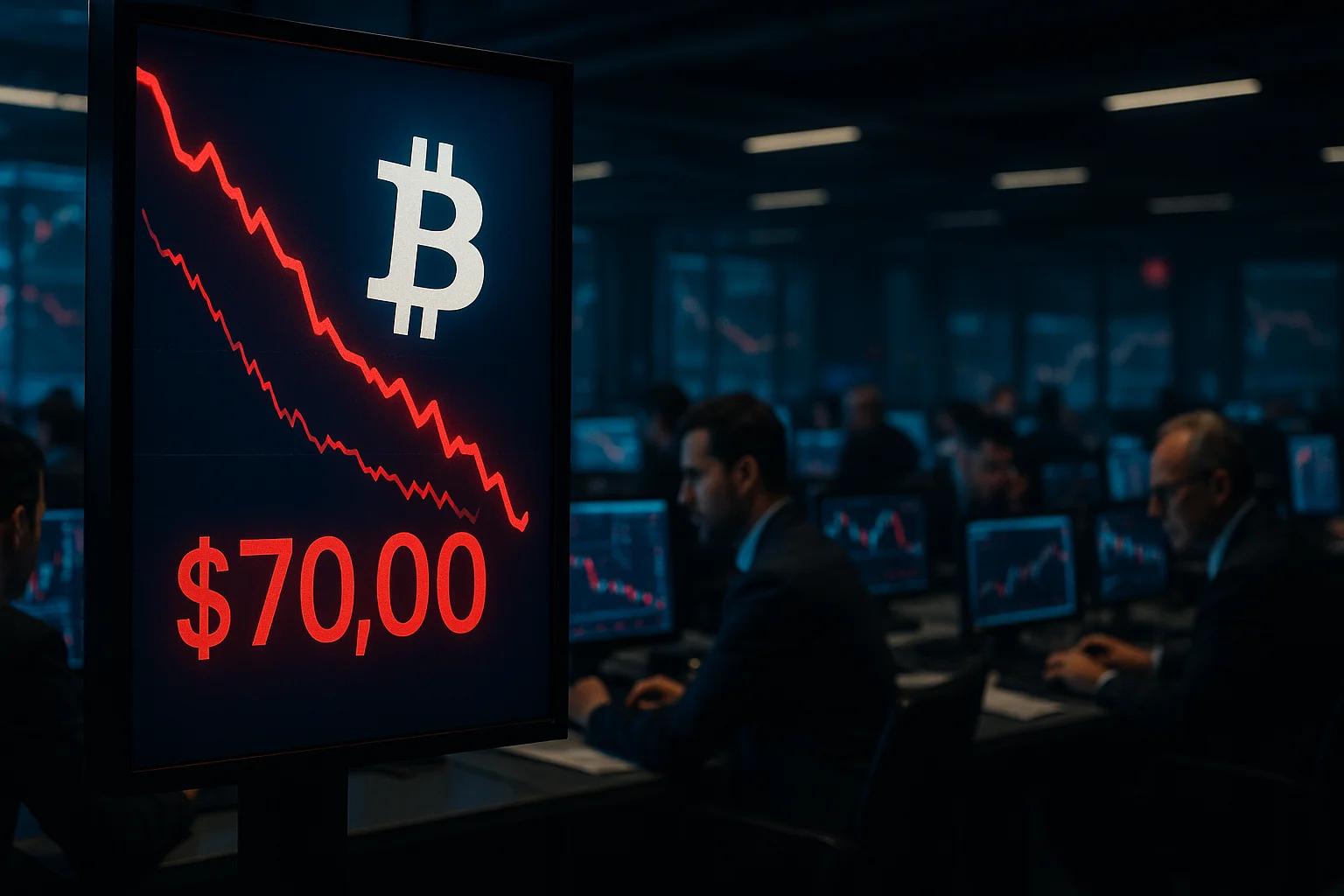 Dimly lit trading room with monitors displaying