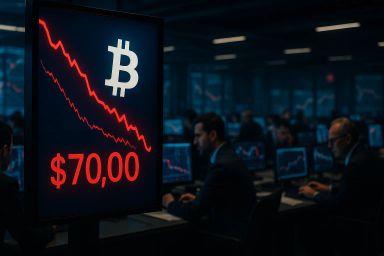 Dimly lit trading room with monitors displaying