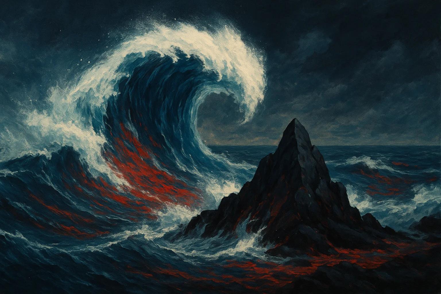 A large wave crashing against a dark rock