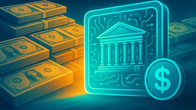Stacks of cash beside a glowing bank icon and coin