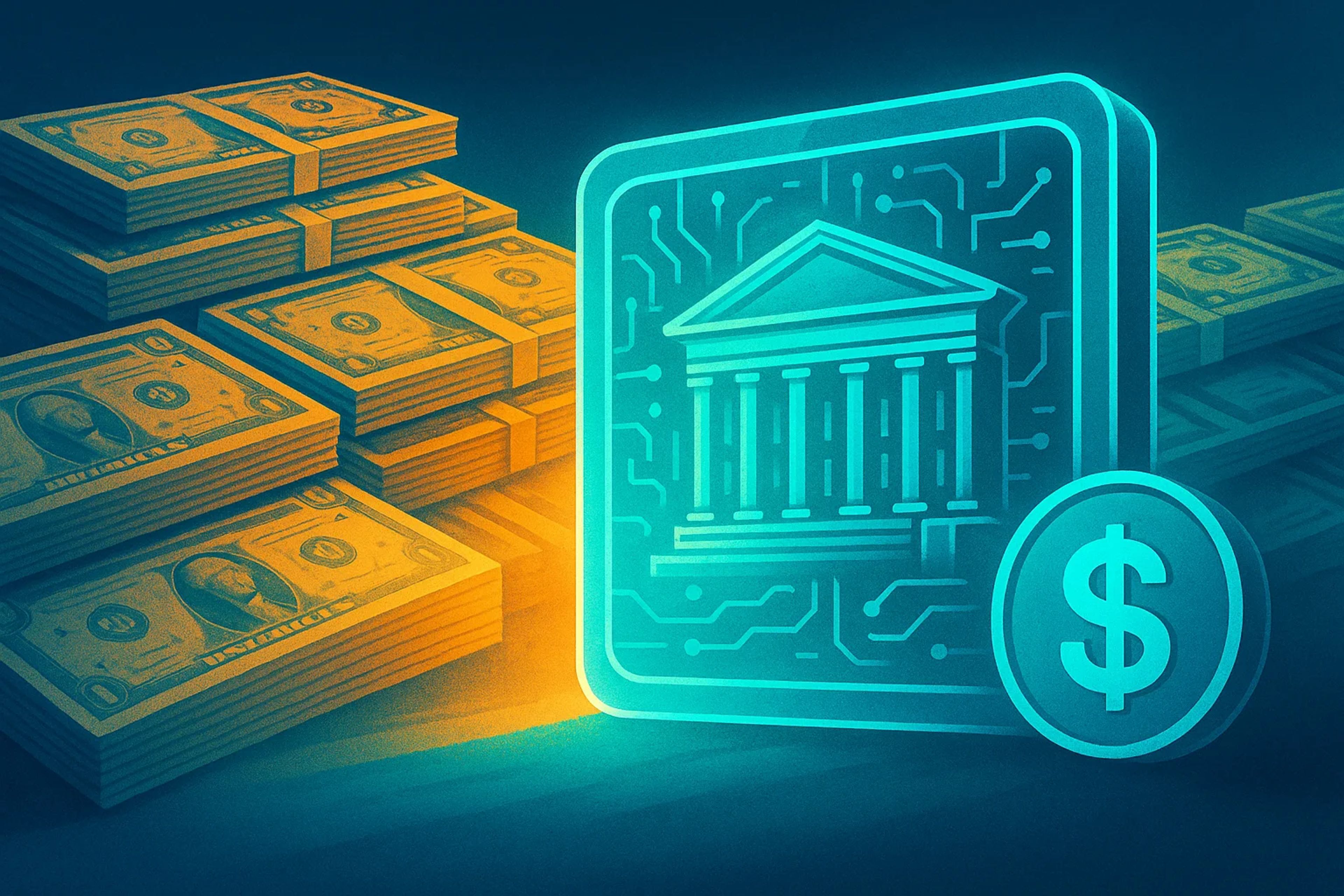 Stacks of cash beside a glowing bank icon and coin
