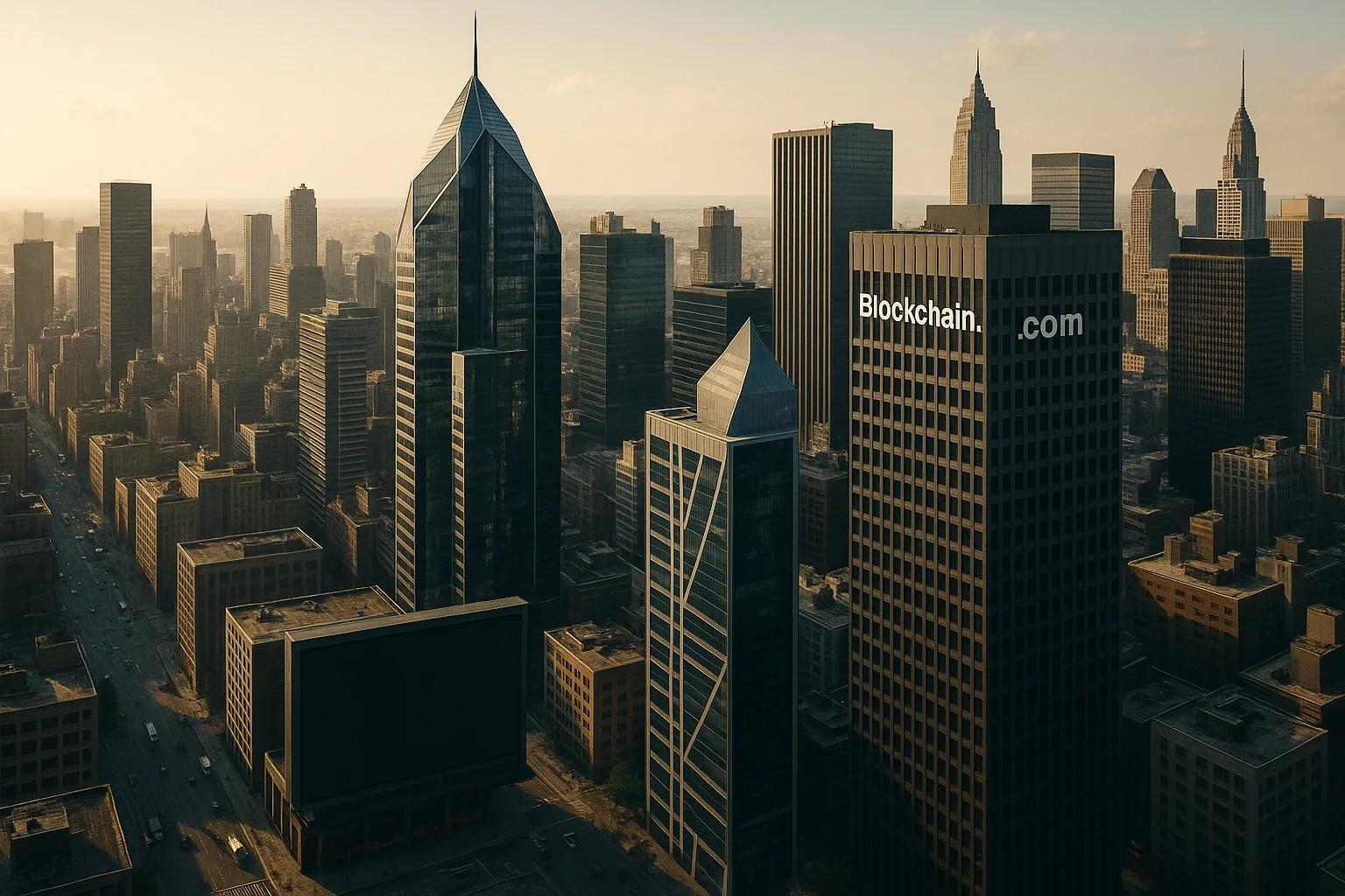 City skyline at sunset with tall buildings