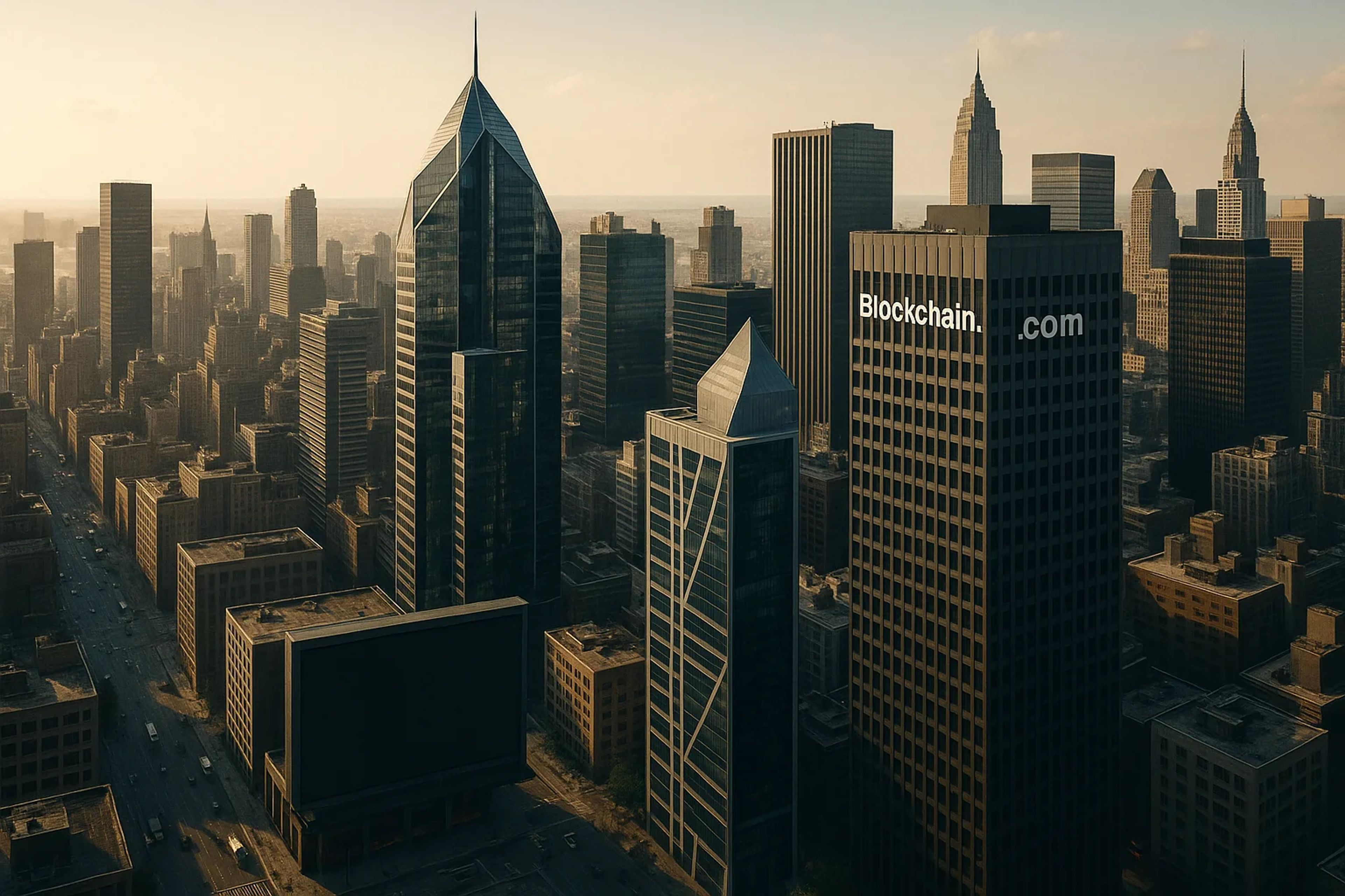 City skyline at sunset with tall buildings