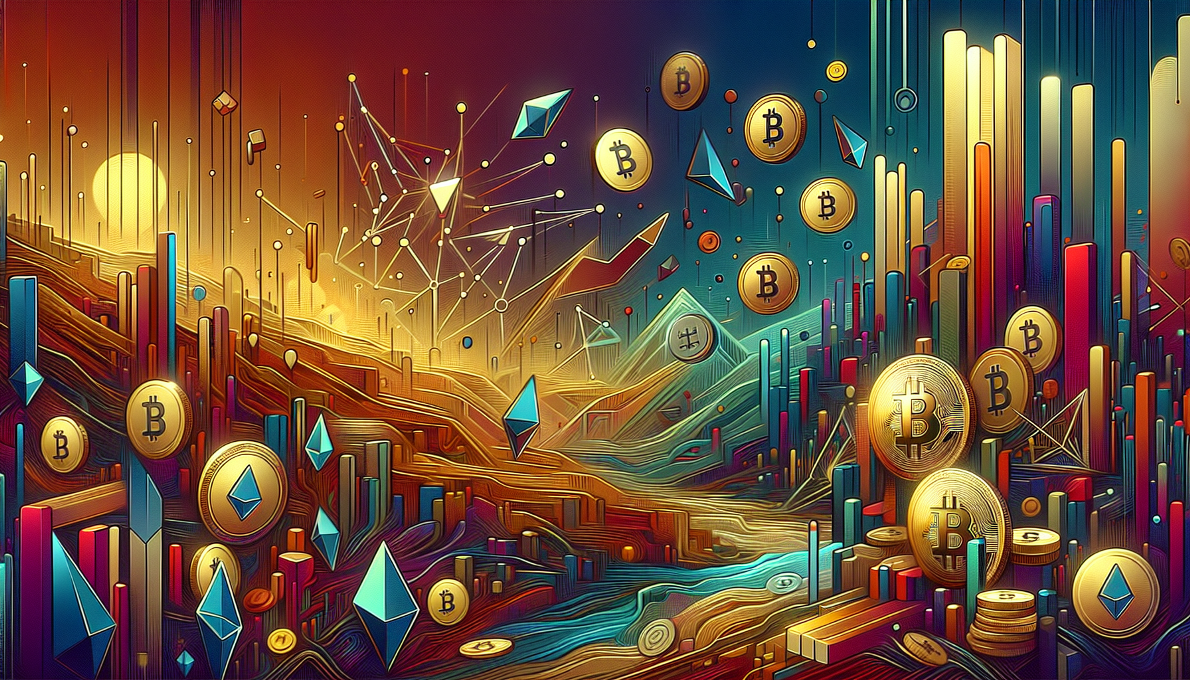 Colorful abstract landscape with cryptocurrency