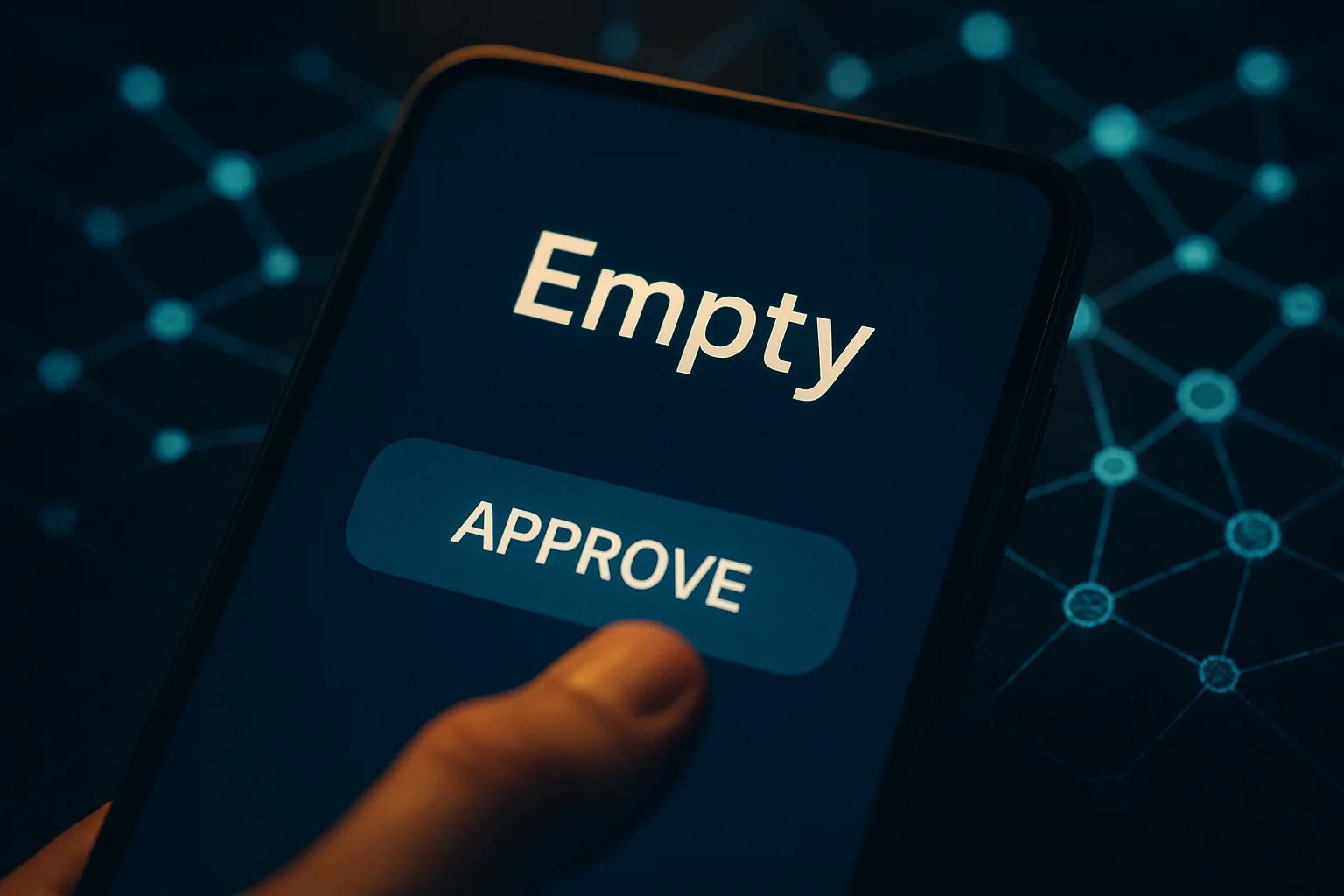A hand holding a smartphone displaying a blue