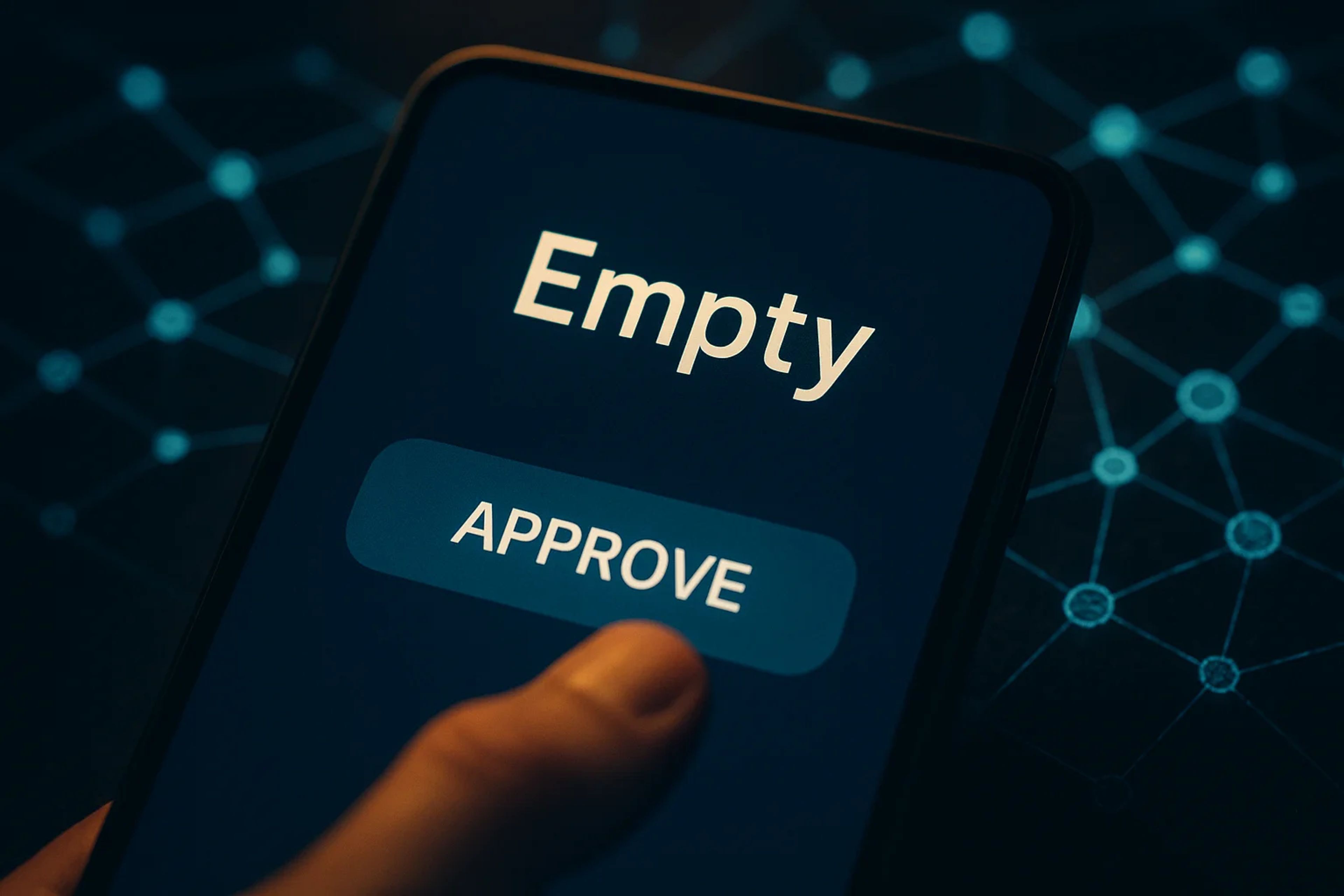 A hand holding a smartphone displaying a blue