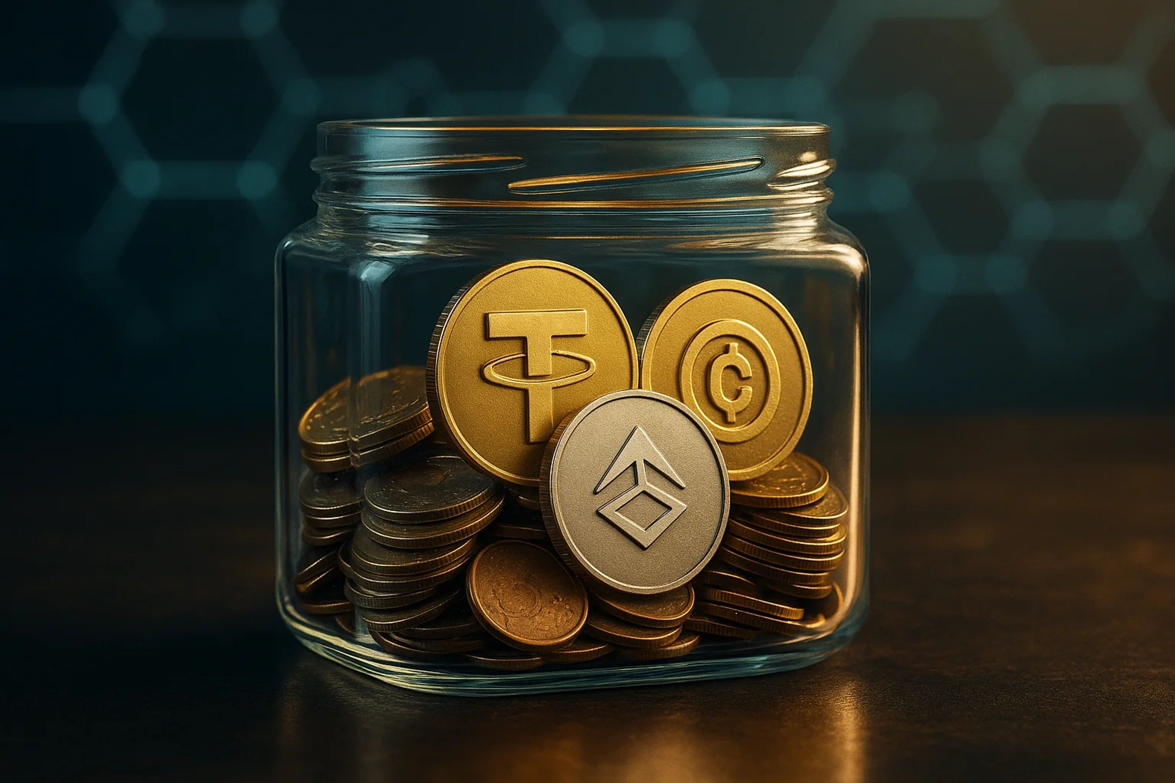 Glass jar filled with gold and silver coins