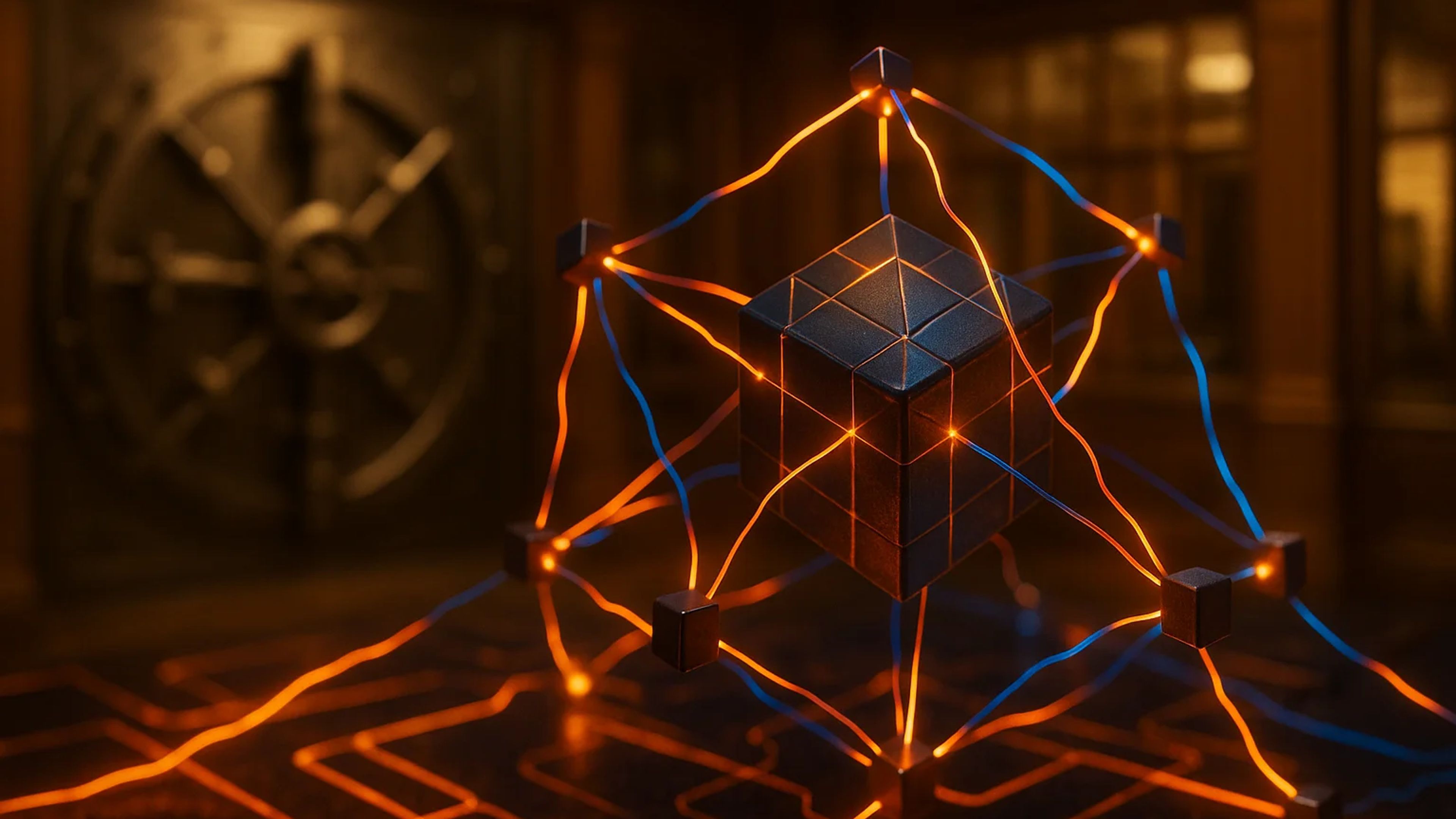 A glowing cube connected by orange and blue lines