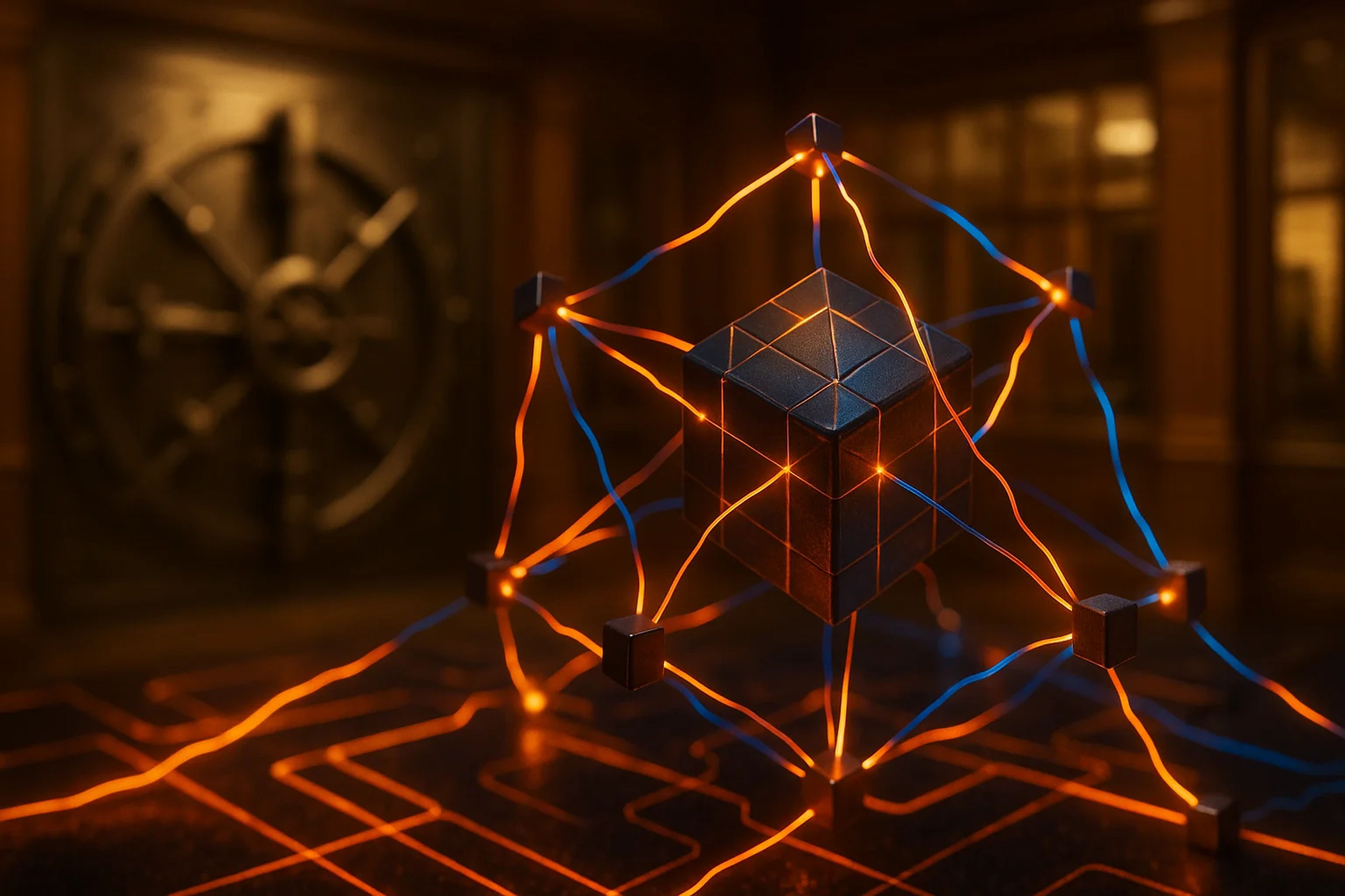 A glowing cube connected by orange and blue lines