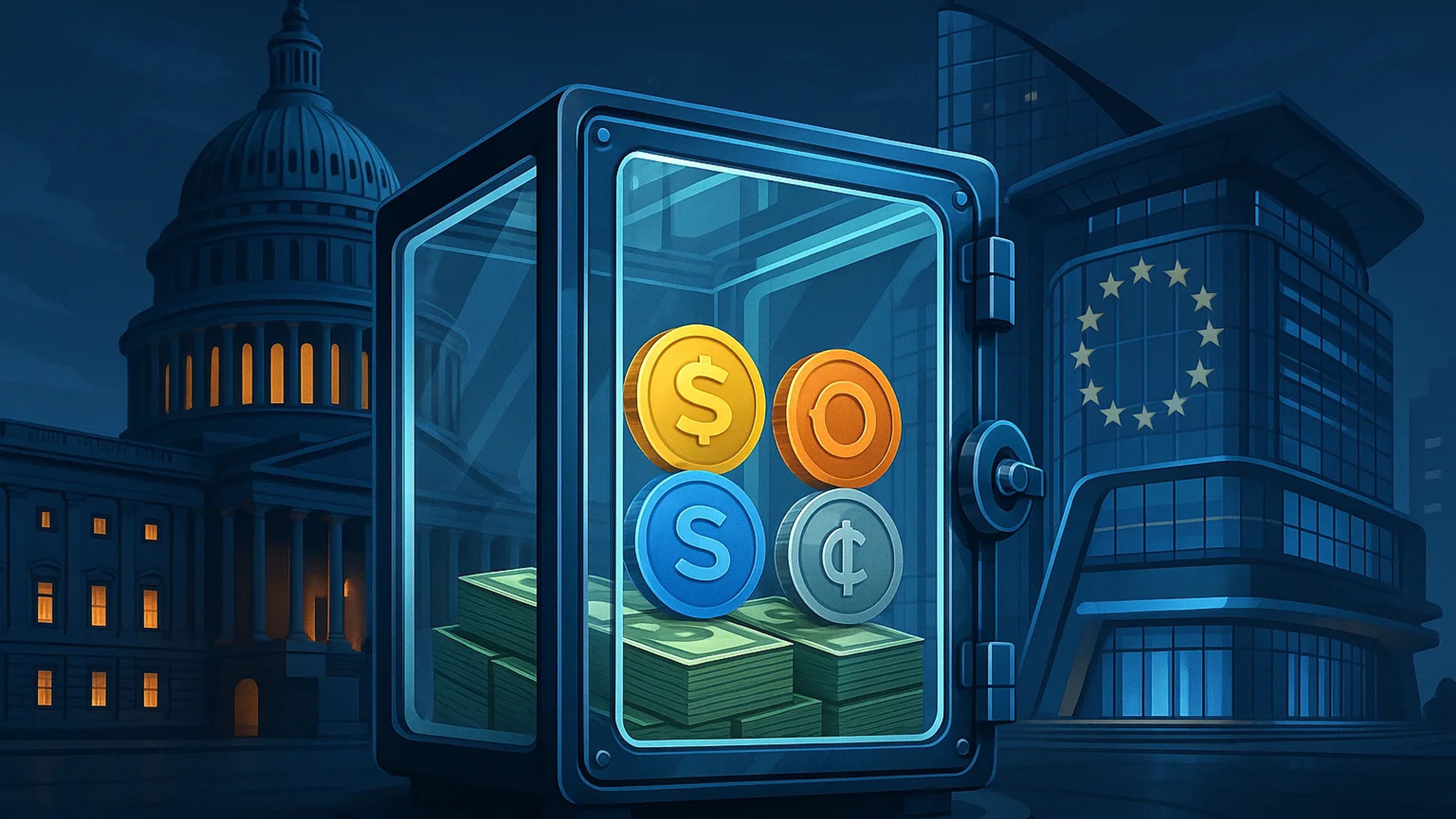 A glass vault containing coins and stacks of