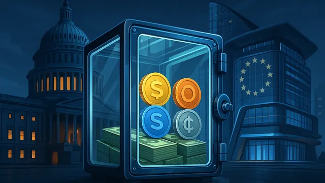 A glass vault containing coins and stacks of
