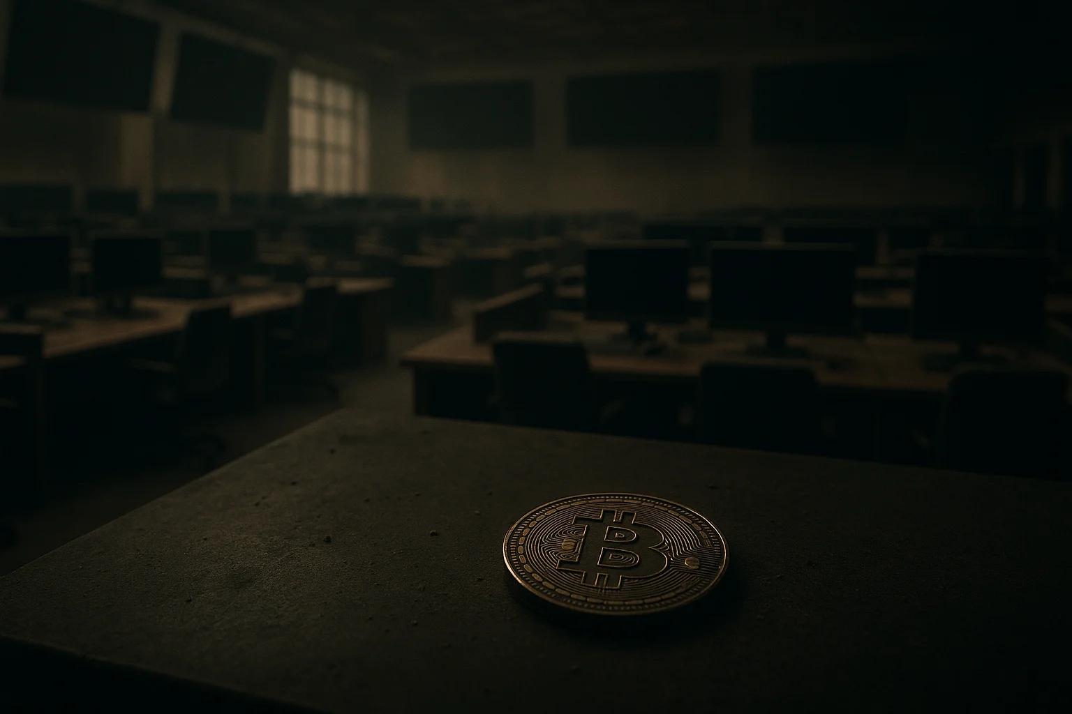 A Bitcoin placed on a table in a dimly lit room