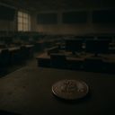 A Bitcoin placed on a table in a dimly lit room