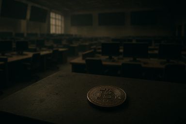 A Bitcoin placed on a table in a dimly lit room