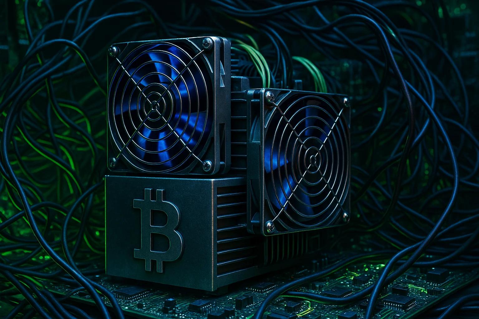 Bitcoin mining hardware surrounded by tangled