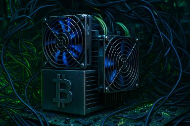 Bitcoin mining hardware surrounded by tangled