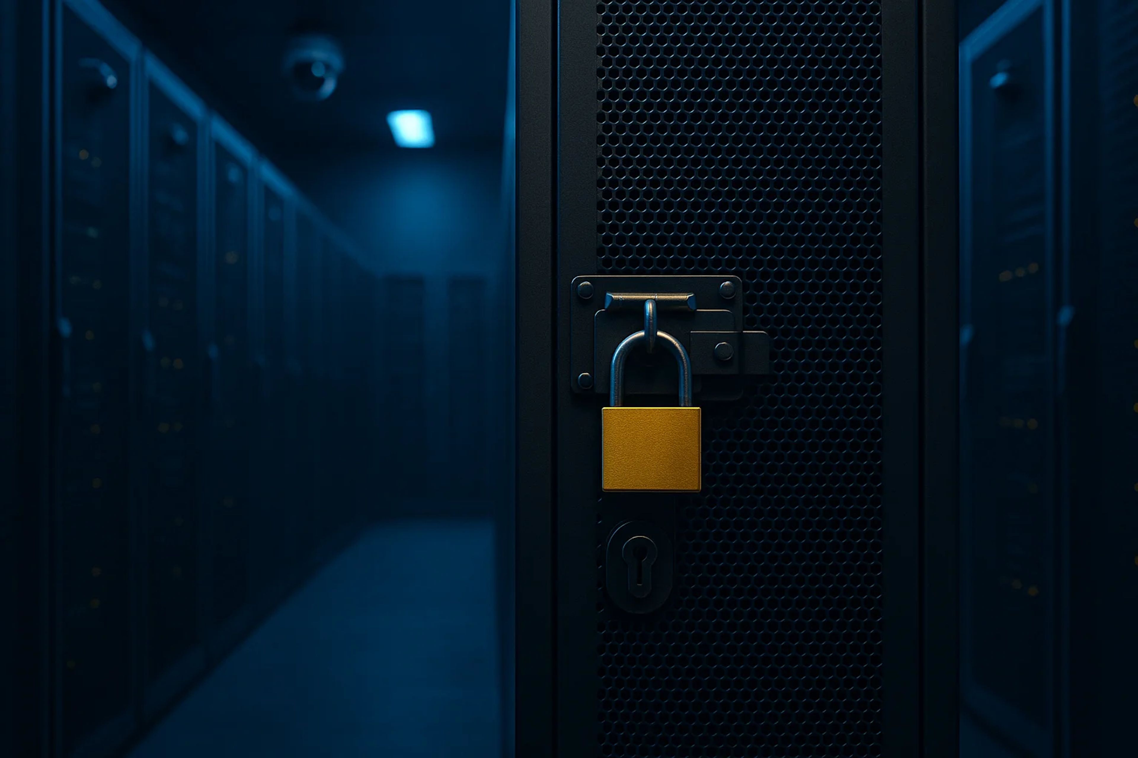 Close-up of a locked metal cabinet in a dimly lit