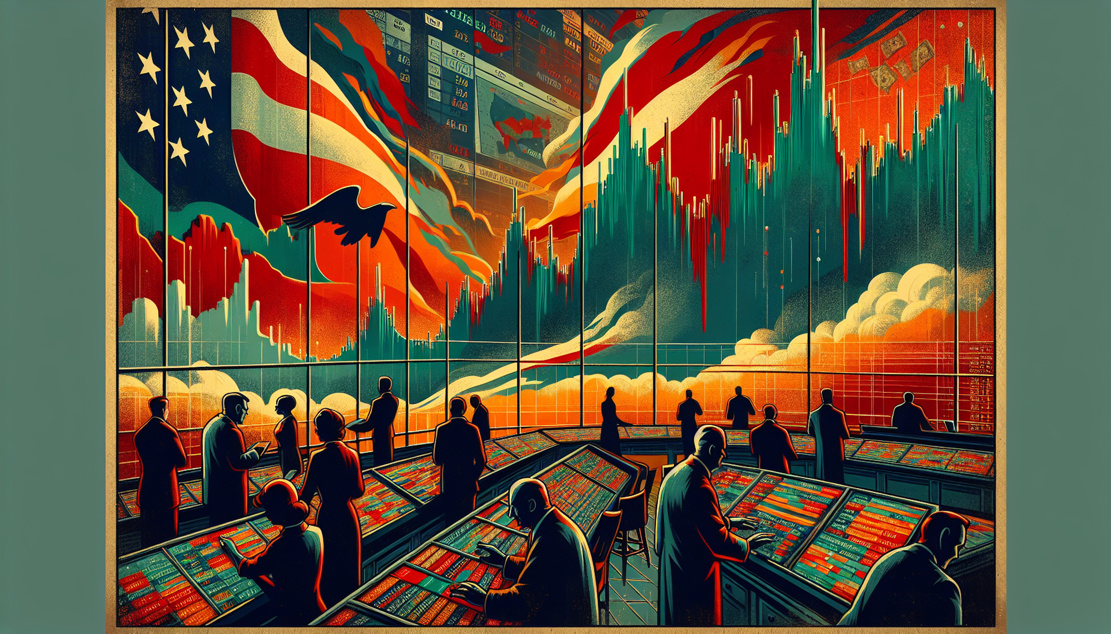 Silhouetted figures in a trading room with