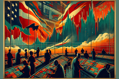 Silhouetted figures in a trading room with