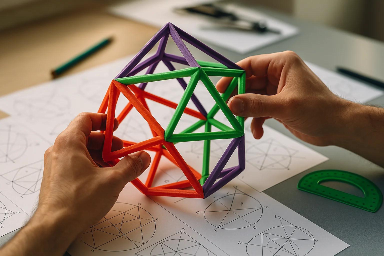 Hands assembling a colorful geometric model