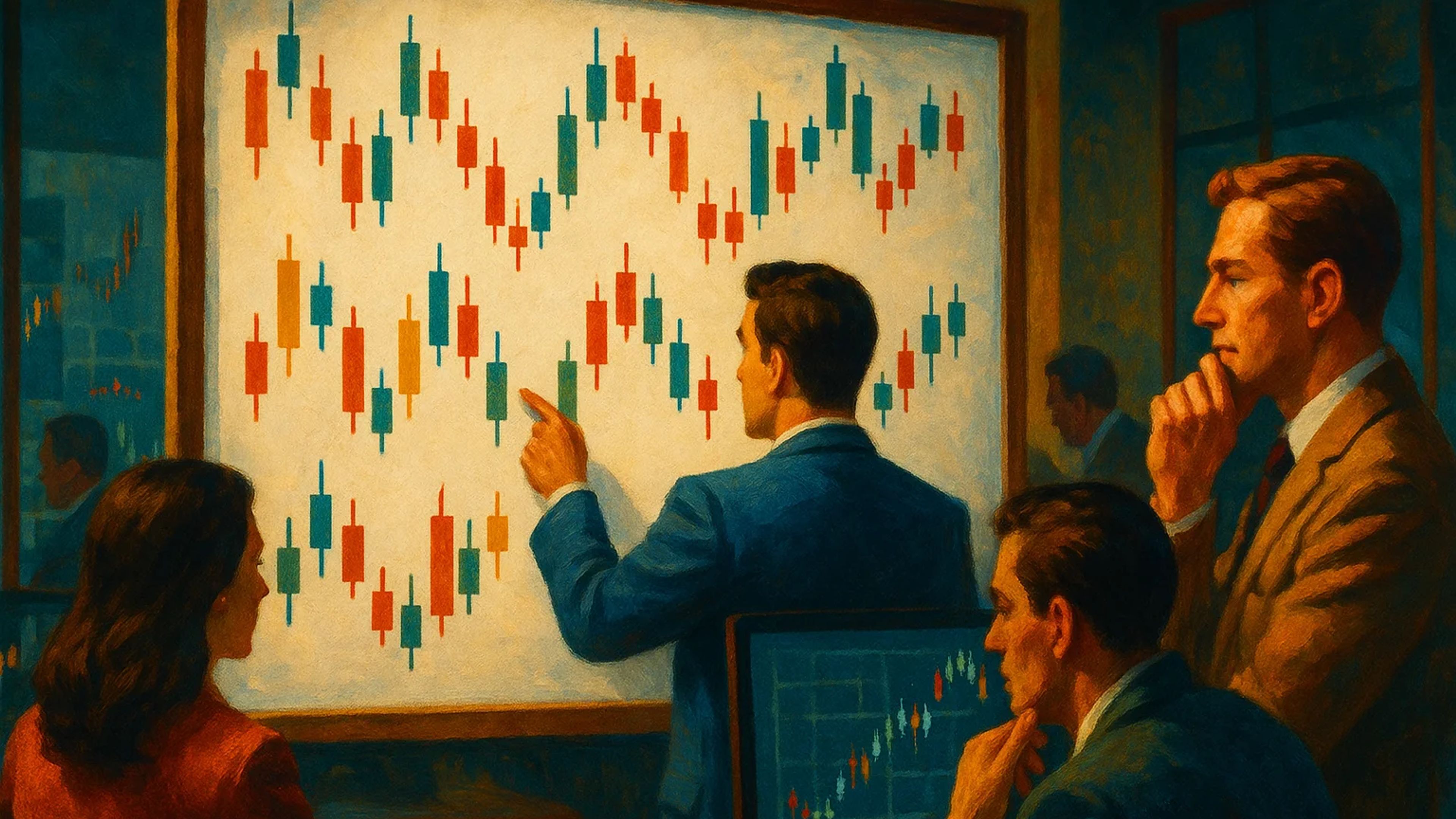 Four people analyzing a colorful financial chart