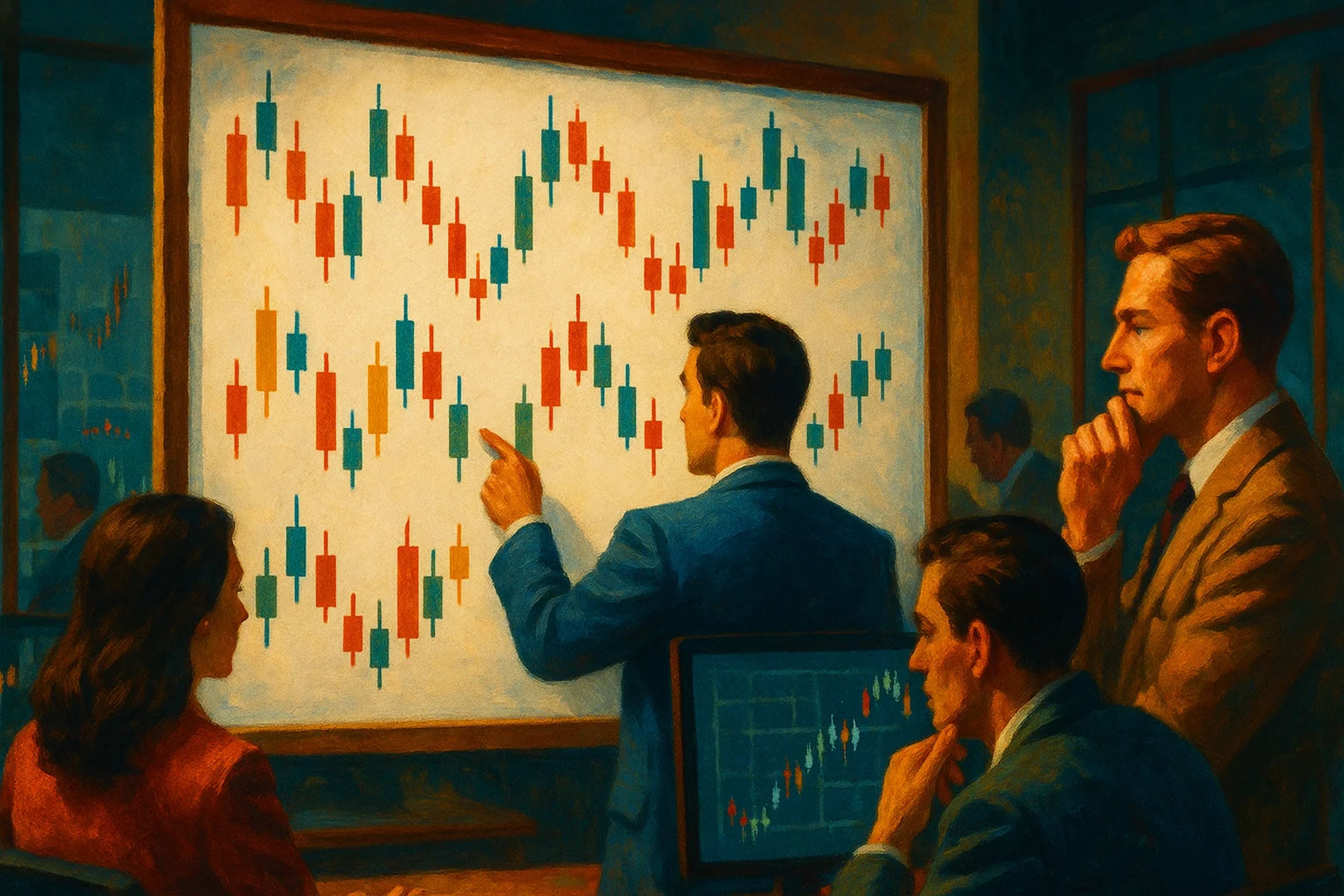Four people analyzing a colorful financial chart
