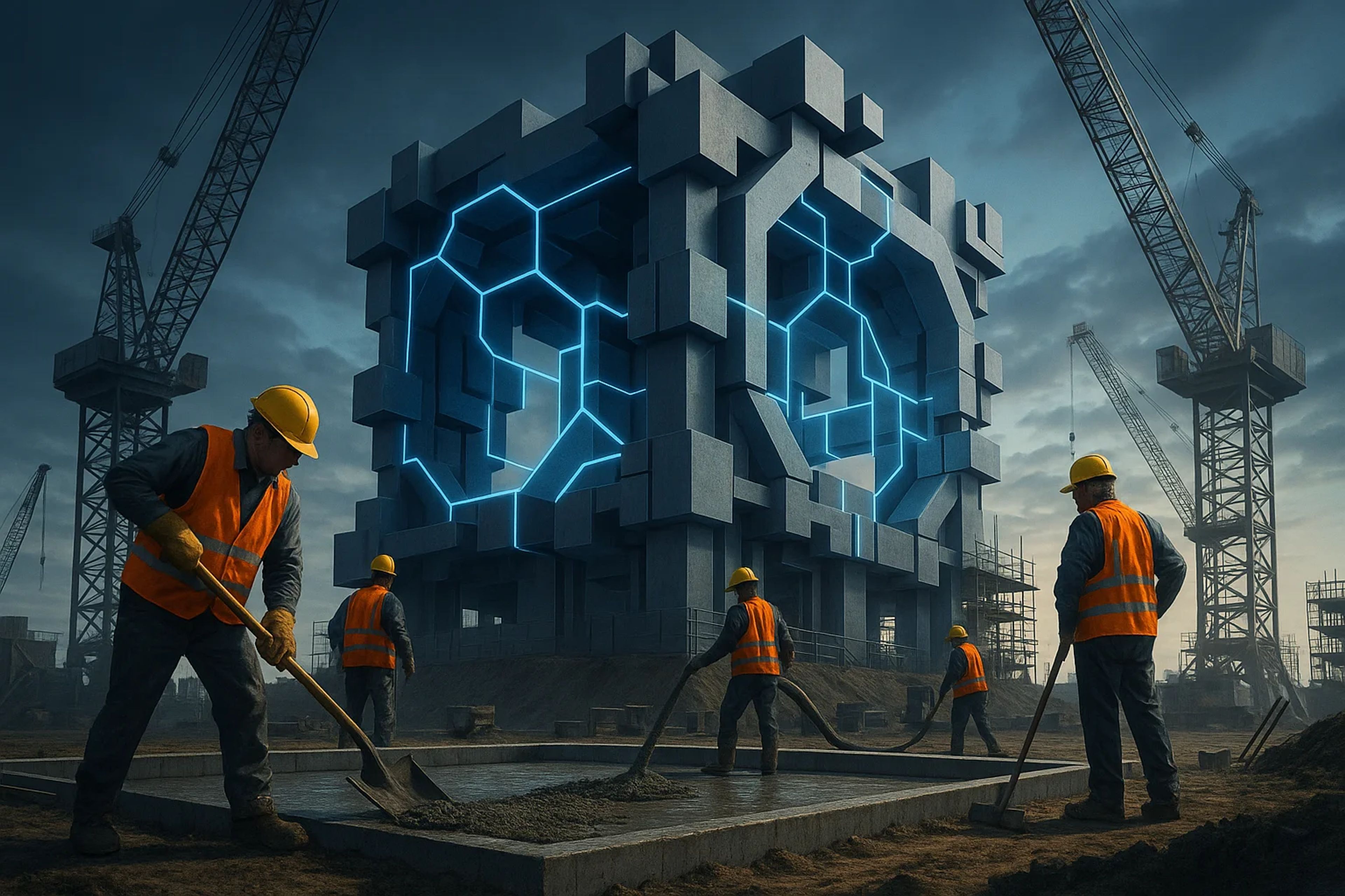 Construction workers at a futuristic site with a