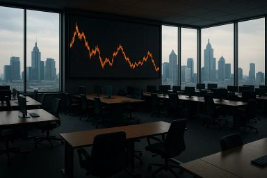 Empty office space with large windows and skyline