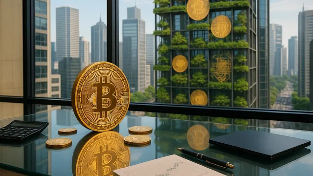 Golden Bitcoin coins on a glass table with a city