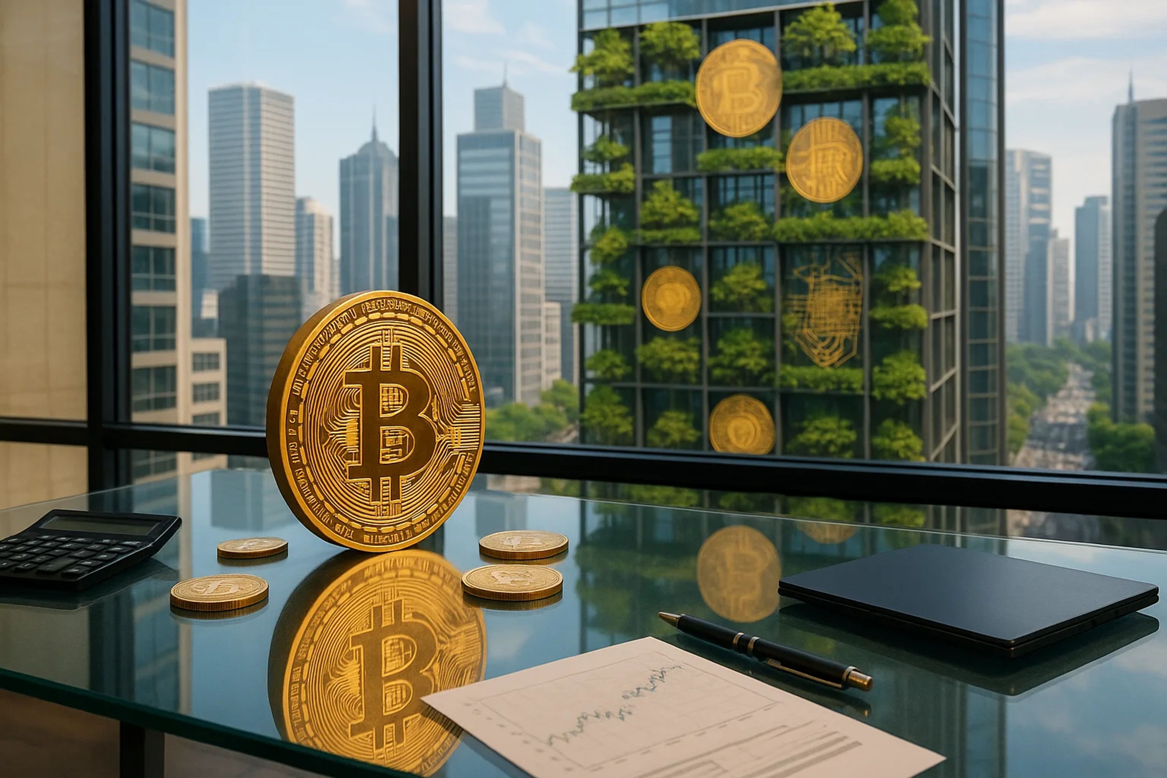 Golden Bitcoin coins on a glass table with a city