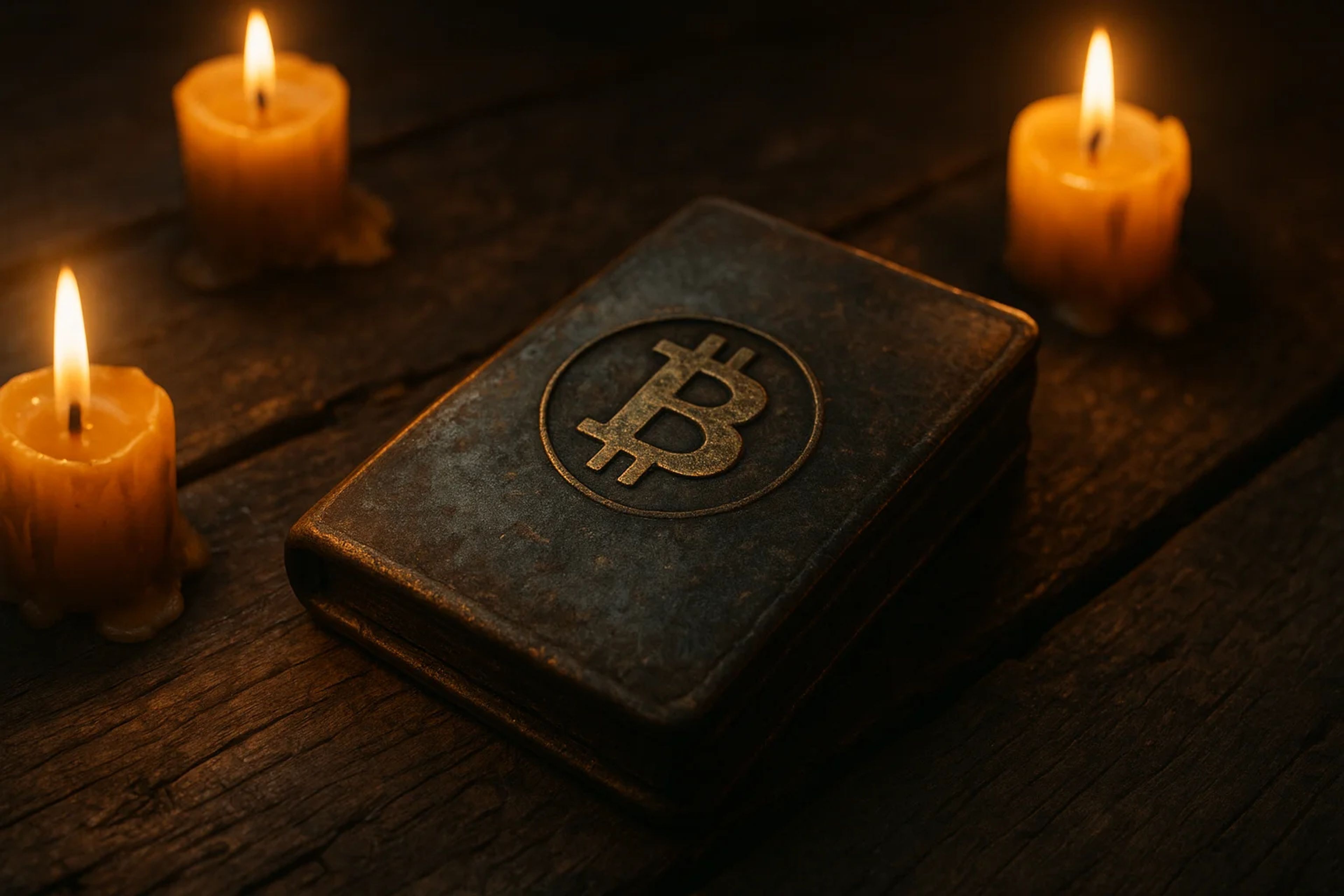 A metallic Bitcoin wallet surrounded by three lit
