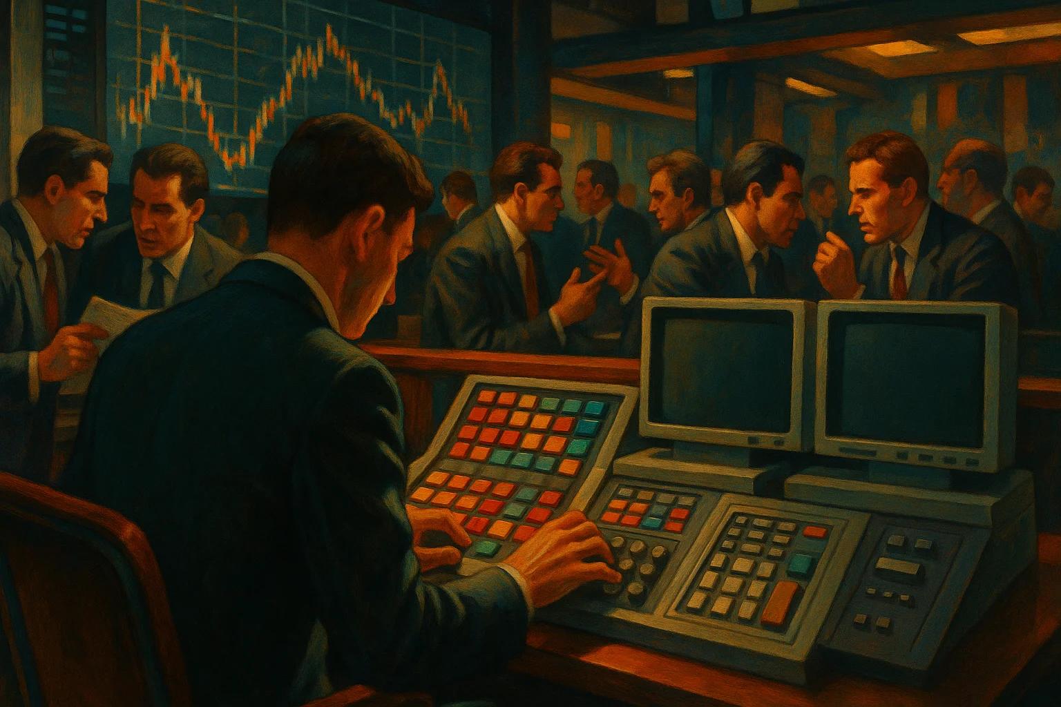 A busy trading floor with multiple figures