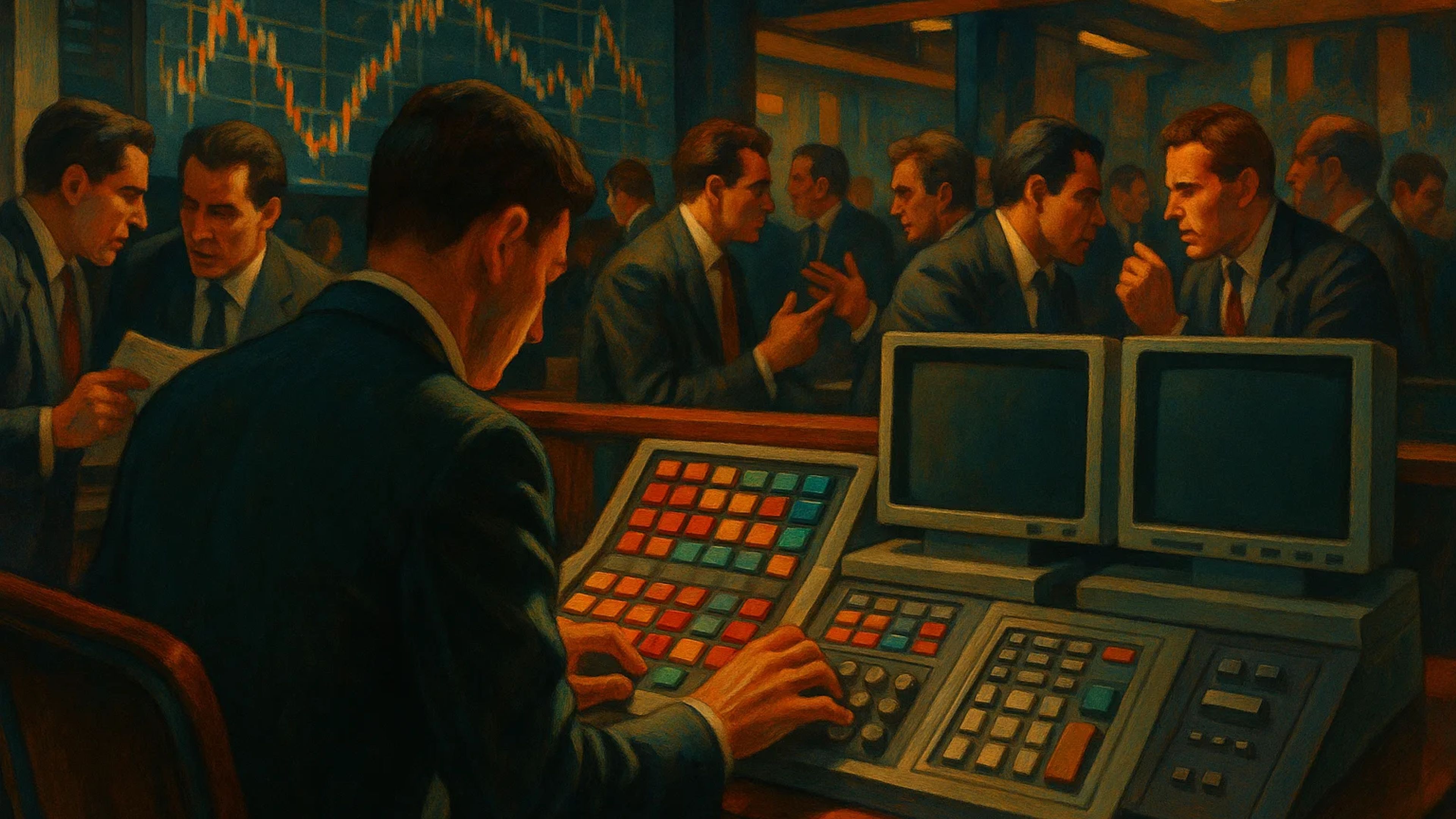 A busy trading floor with multiple figures