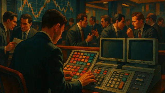 A busy trading floor with multiple figures