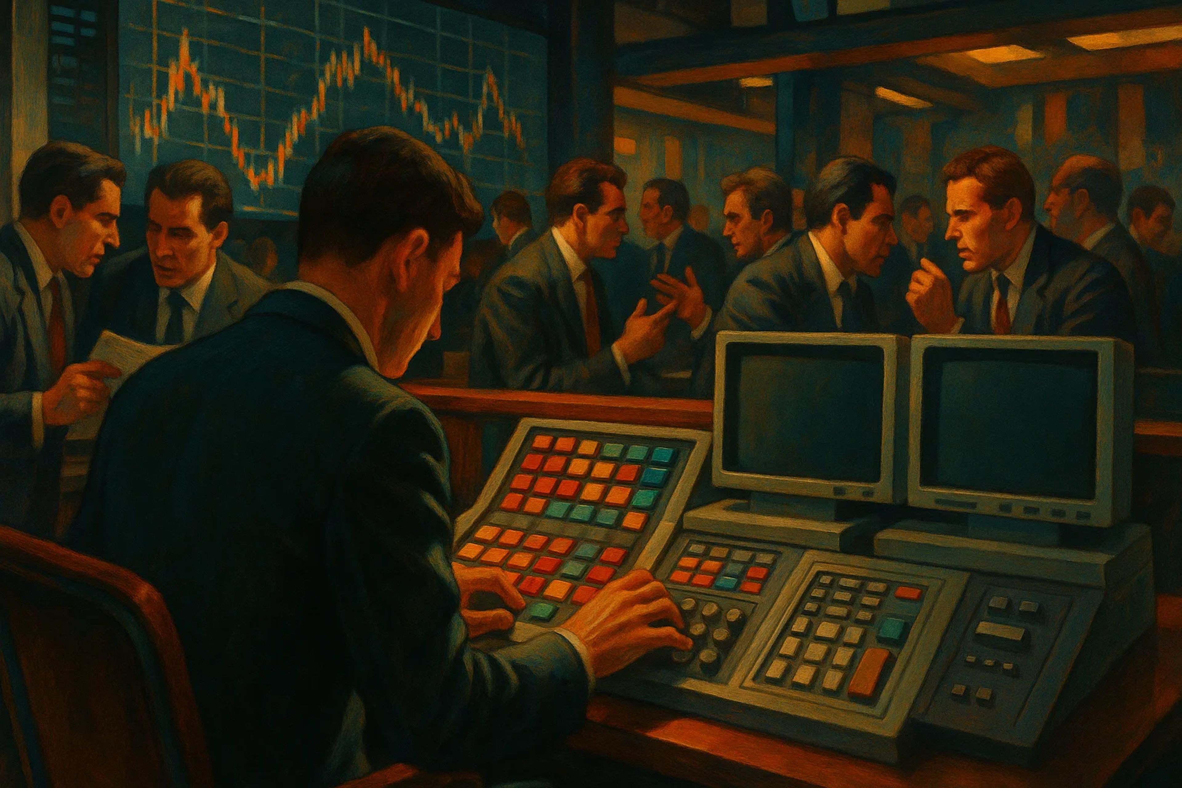 A busy trading floor with multiple figures