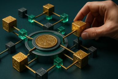 A hand reaching for a gold cube on a geometric