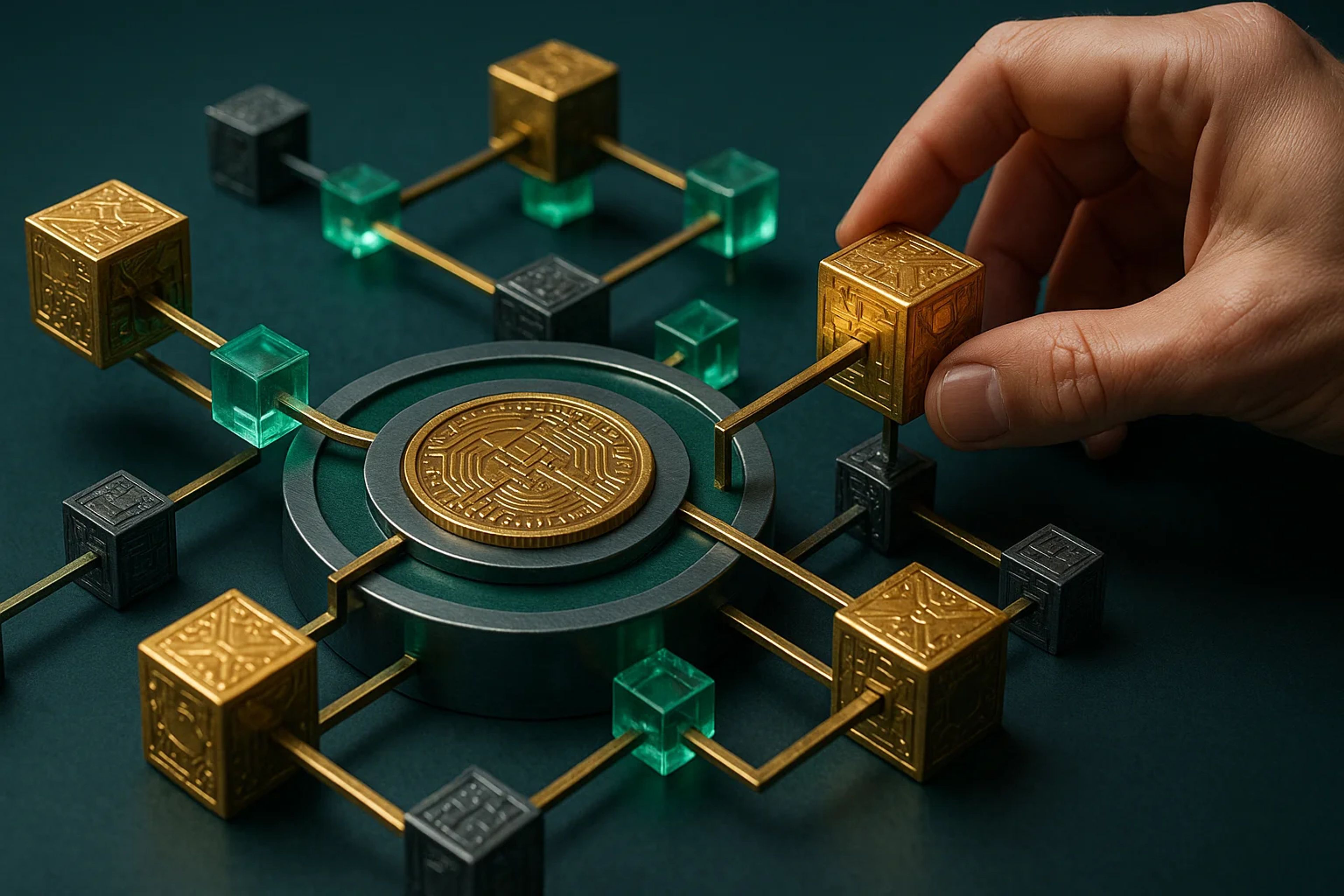 A hand reaching for a gold cube on a geometric
